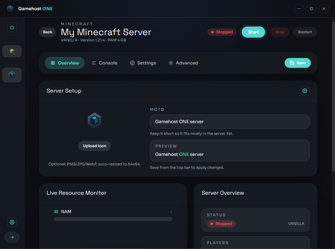 Server overview screen