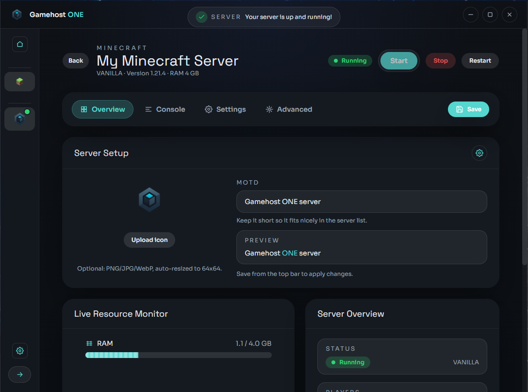 Server console screen